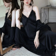 Cyflymder 2Pcs Kimono Long Bathrobe Suit Pink Sweet Lace Trim Homewear Satin Sexy Sling Nightgown Lady Lingerie Women Elegant Nightwear