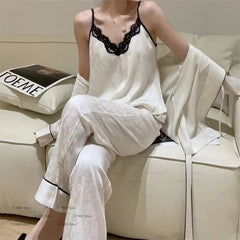 Cyflymder Luxury Suspender Top Pant Robe Jacquard Rose Sleep Set Lady Satin Pajamas Sexy Lace Nightwear Women Leisure Homewear 3Pcs