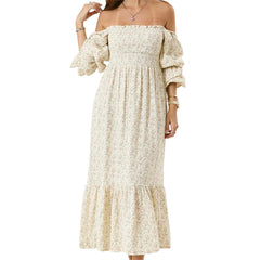 Cyflymder Women's Autumn Elegant Flowy Hem Long Dress Puff Long Sleeve Off Shoulder Beach A-Line Dresses Solid Color/Floral Dress Vestidos