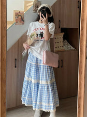 Cyflymder Women's Splicing Blue Plaid Summer A-line Thin Skirt Young Girl Vintage Fashion Female High Waist Loose Calf-length Skirts
