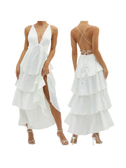 Cyflymder Elegant Lace Sleeveless V-neck Backless Maxi Dress with Ruffled Hemline for Wedding Guest or Formal Event