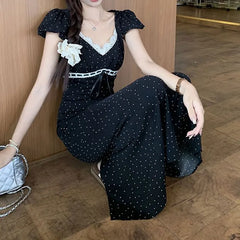 Cyflymder Women Black White Polka Dots Dresses Puff Short Sleeve V Neck Lace Trim Summer Bow Drawstring Slim Romantic Vacation Long Dress