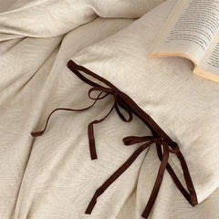 Cyflymder Vintage Jacquard Linen Cotton Luxury Bedding Set Double Queen King Size Duvet Cover Flat/Fitted Sheet Lace-Up Pillowcases 4Pcs