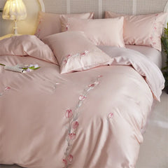 Cyflymder Long-staple Cotton Floral Blossom Embroidery Comfortable Ultra Soft (1Duvet Cover+1Flat Bedsheet/Fitted Bedsheet+ 2Pillowcases)