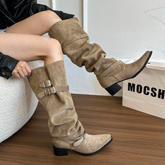 Cyflymder Autumn Winter Pleated Women Knee High Boots Vintage Square Low Heels Shoes Female Belt Buckle Long Booties