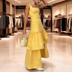 Cyflymder Elegant Sleeveless Square Collar Dress with Lace Hem for Women Fashionable Party Long Gown Ladylike Style Cross-Border Design