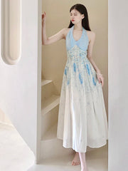 Cyflymder Floral Sexy Halter Beach Dress Women Elegant Slim Sweet Sleeveless Vintage Long Dress Casual Retro Mesh Patchwork Vestidos