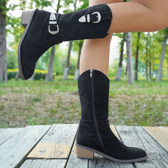 Cyflymder Sharp pointed frosted cloth mid length boots, bimetallic buckle decorative side zipper knee length boots, plus size women's shoe