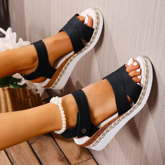 Cyflymder New Large Size 43 Thick Heel Fish Mouth Sandals Summer Outdoor Beachwear Open Toe Women's Shoes Linen Bottom Slip-On Sandals