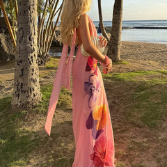 Cyflymder Summer Floral Print Beach Party Dress Women's Sexy Halter Backless Hollow Out Vacation Dress Elegant Hight Waist Slim Long Dress