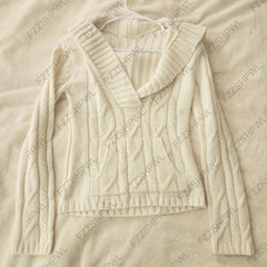 Cyflymder Women Shawl Collar Cable Knit Sweater Cream V Neck Slim Fit Long Sleeve Soft Knitted Pullover Casual Fall Jumper