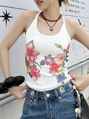 Cyflymder Basic Sweet Floral Tank Tops Sexy Casual Slim O-Neck Sleeveless Tanks Women Summer Fashion Streetwear Ladies Vest