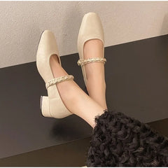 Cyflymder Retro low-heeled single shoes for women, new summer fashion gold buckle square toe comfortable high-heeled leather shoes