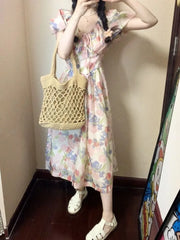 Cyflymder Dresses Women Floral Printed Puff Short Sleeve V Neck Summer Fashion Vintage Elegant Dress Bandage Female Casual