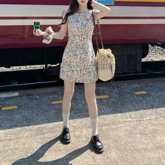 Cyflymder Monet Broken Flowers Waist Aura Dresses Summer Vintage Printed Female Clothing Round Neck Elegant A-Line Short Sleeve Long Dress