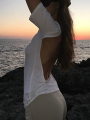 Cyflymder Women Backless Short Sleeve T-Shirt Sexy Open Back Slim Fit White Basic Tee Casual Date Beach Streetwear Outfit
