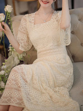 Cyflymder Lace Hollow Slim Waist Summer Dress Solid Color Square Neck Short Sleeve Women's Dresses French Style Vintage Dresses