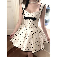 Cyflymder Elegant Polka Dots Mini Dress Women Party Bow Straps Pleated Dresses Summer Fashion Korean Fairy Cute Bodycon A Line Vestidos