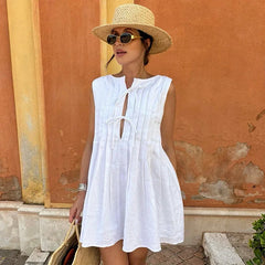 Cyflymder Loose Pleated Vest Dress Women's Summer New Lace Up Accordion Pleating Short Style Dress Female Beach Resort Casual Dress