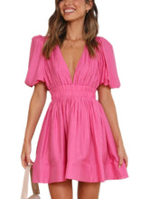 Cyflymder Women Summer Casual A-line Dress Solid Color Deep V-Neck Short Puff Sleeve Mini Dress Fashion Party Short Dress