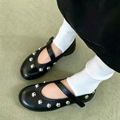 Cyflymder Fashion Rivet Sequined Mary Janes Women Ballet Flats Spring Autumn Comfortable Soft Soles Leather Walking Loafers Casual Shoes