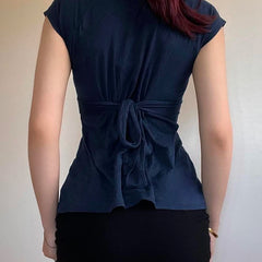 Cyflymder Milkmaid V-neck Top Women's Elegant Slim-fit Back Tie-up Bow T-shirt Short Sleeve Causal Basic Tees Streetwear Retro