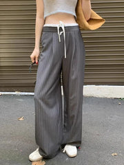 Cyflymder Korean chic spring retro niche splicing high waist lace up versatile slim striped casual pants wide leg pants long 2025 New