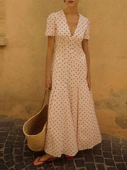 Cyflymder Elegant Polka Dot Printed Bohemian Women Long Dress Fashion Hight Wasit Party Dress V-neck Short Sleeve Seaside Vacation Dress