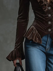 Cyflymder Elegant Velvet Ruffle Trim Women's Blouse Solid V-Neck Vintage Long Bell Sleeve Slim Woman Top Fashion Button Retro Chic Blouse