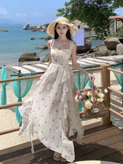 Cyflymder Print Floral Sweet Irregular Fairy Dress Sleeveless Backless Ruffles Slip Dress Vintage Casual Sundress Holiday Beach Long Dress