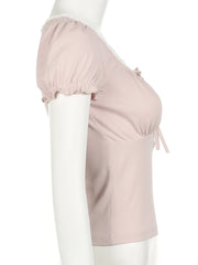 Cyflymder Sweet Solid Cropped T Shirt Casual Slim Folds Square Collar Puff Sleeve Tees Women Summer Fashion Streetwear Laides