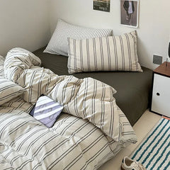 4Pcs Light Luxury Striped Washed Cotton Bedclothes Set Smooth Skin Friendly Soft Bed Sheet Set Home Textile Supplies for Adults