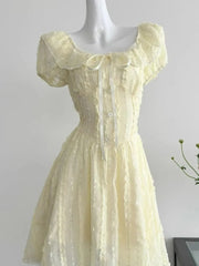 Cyflymder Sweet Slim Yellow Dress Women Elegant Vintage Square Collar Mini Dress French Retro Puffy Sleeve Lace Patchwork Vestidos