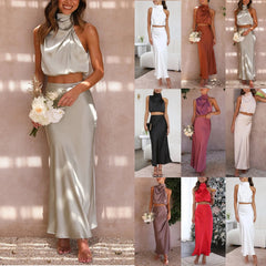 Cyflymder Women's Summer Formal Satin Mock Neck Sleeveless Tank Skirt Two-piece Suit Vacation Crop Top And Long Skirt Matching Sets