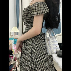 Cyflymder Summer Women's Camis Ruffles Plaid Striped Bow Slash Neck Pullover with Pleats Fashion Casual Elegant Office Lady Knee Dress