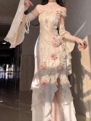 Cyflymder High end 3D Rose Strap Camisole Dress Lolita Dress Elegant Goddess Style Sweet Slimming Fishtail Long Dresses for Women