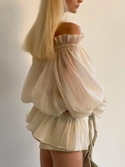 Cyflymder Off The Shoulder Chic Shirt Blouse Long Lantern Sleeve Spring Autumn Beige Lace Up Sexy Women Ladies Party Shirts Tops