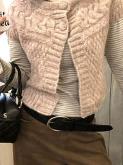 Cyflymder Korean Solid Vintage O Neck Short Sleeve Single Breasted Loose Knitted Sweater Vest