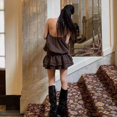 Cyflymder Coffee-colored Hanging Neck Bud Dress Female Summer Splicing Skirt Loose Atmosphere Sleeveless Skirt