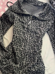 Cyflymder American Style Streetwear Leopard Print Hooded Zip-up Hot Girl Punk Long sleeves 2000s Y2k Woman Hoodies Clothes Goth Sweatshirt