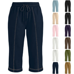 Cyflymder Women's Color Blocking Capri Pants Drawstring High Waist Cropped Trousers With Pockets Casual Loose Fit Summer Beach Trousers