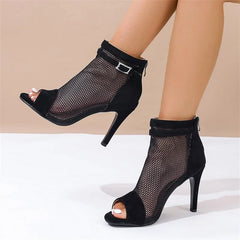Cyflymder Summer hollow black cool boots slim heels mesh boots fish mouth exposed toe high heels mesh women's shoes dance short boots