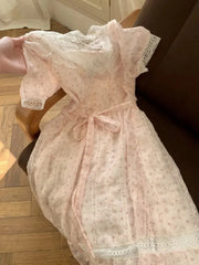 Cyflymder Sweet Girly Lace Spliced Short-sleeved Dresses Women Summer Elegant V-neck Waist Slim Floral Midi Dress Korea Chic Party Outfits