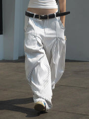 Cyflymder Casual Folds Striped Wide Leg Pants Basic Loose Low-Waisted Straight Pants Women Summer Fashion Streetwear Ladies