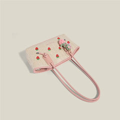 Cyflymder Sweet Cute Strawberry Tote Bag Pastoral Holiday Vacation Style Handbag Women Large Capacity Commuter Shoulder Crossbody Bag 2025