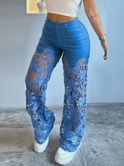 Cyflymder Retro Lace Patchwork Women Blue Denim Pants High Waist Wide Leg Baggy Jeans Chic Y2k Fashion Casual Elegant High Street Trousers