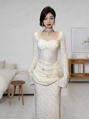 Cyflymder Y2k Aesthetic Sexy Flower Grunge Vestidos Square Collar Bodycon Fairy Dress Harajuku Woman Fake Two Pieces Pleated Dresses