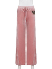Cyflymder Women's Low Waist Long Pants Chic Butterfly Velvet Trousers with Drawstring Tie-up Rhinestone Detail Casual Autumn Pants