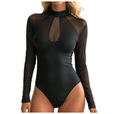 Cyflymder Women's One-Piece Black Bodysuit Mesh Patchwork Long Sleeve Stand Collar Jumpsuit See-Through Sexy Tops Bottoming Undershirts