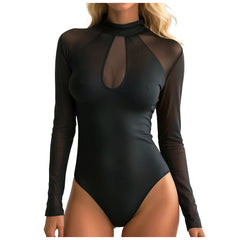 Cyflymder Women's One-Piece Black Bodysuit Mesh Patchwork Long Sleeve Stand Collar Jumpsuit See-Through Sexy Tops Bottoming Undershirts